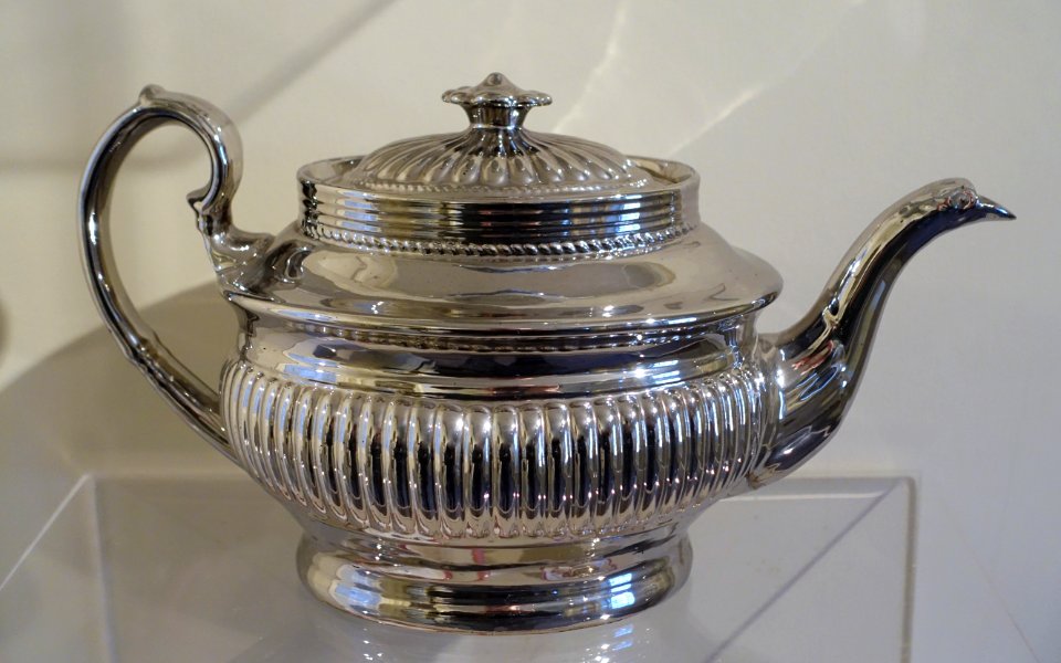 Teapot, England, c. 1820, earthenware with silver-luster glaze - Concord Museum - Concord, MA - DSC05765