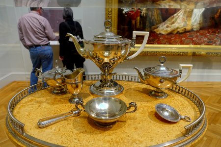 Tea service and table, Peter Carl Faberge, Russia, Saint Petersburg, c. 1900, lemonwood, karelian birch, silver, gilt, ivory - California Palace of the Legion of Honor - San Francisco, CA - DSC02910