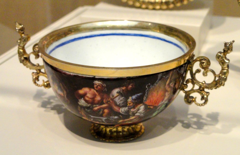 Tea Service, c. 1700, view 4 teabowl depicting fire, Matthaus Baur II, Augsburg, Germany, silver gilt and enamels on copper plate - Art Institute of Chicago - DSC00051