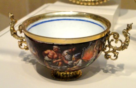 Tea Service, c. 1700, view 4 teabowl depicting fire, Matthaus Baur II, Augsburg, Germany, silver gilt and enamels on copper plate - Art Institute of Chicago - DSC00051