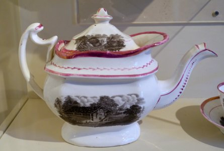 Teapot, England, mid to late 1800s, earthenware with pink-luster glaze - Concord Museum - Concord, MA - DSC05766