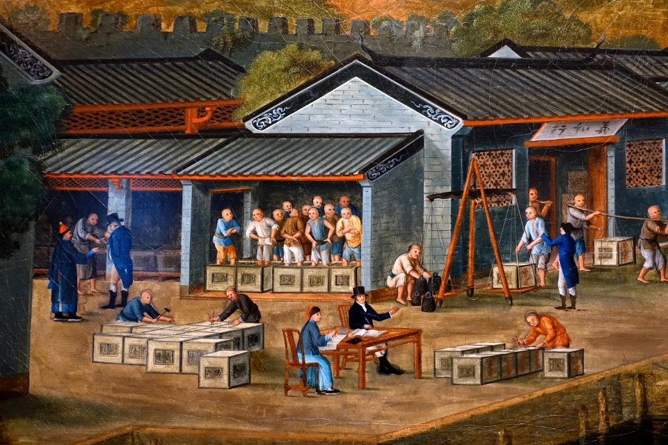 Tea production in China, Guangzhou, detail, c. 1800 AD, oil on canvas - Peabody Essex Museum - Salem, MA - DSC05280