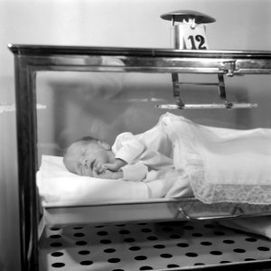 Te vroeg geboren baby Caspar slapend in de couveuse, vermoedelijk in het Sint An, Bestanddeelnr 254-2539