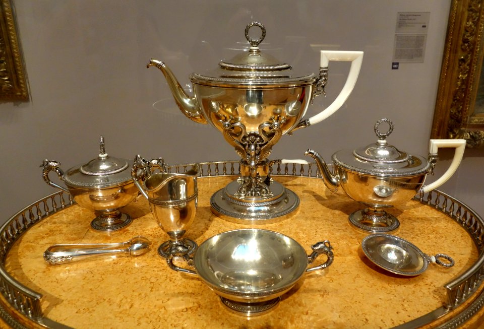 Tea Service and Table by Peter Carl Faberge, St. Petersburg, Russia, c. 1900, lemonwood, karelian birch, silver gilt, ivory - California Palace of the Legion of Honor - DSC07774