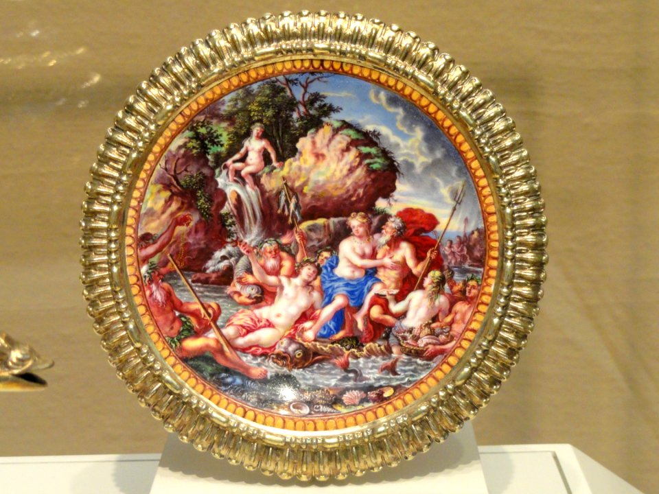 Tea Service, c. 1700, view 3 saucer depicting water, Matthaus Baur II, Augsburg, Germany, silver gilt and enamels on copper plate - Art Institute of Chicago - DSC00048