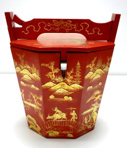 Tea set, Second Sho Dynasty, Ryuku Kingdom, 19th century, Okinawa Main Island, red lacquered wood, tin hot water bottle, brass handle - Tokyo National Museum - DSC05379
