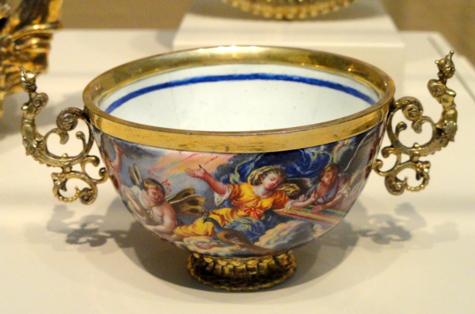 Tea Service, c. 1700, view 5 teabowl depicting fire, Matthaus Baur II, Augsburg, Germany, silver gilt and enamels on copper plate - Art Institute of Chicago - DSC00054