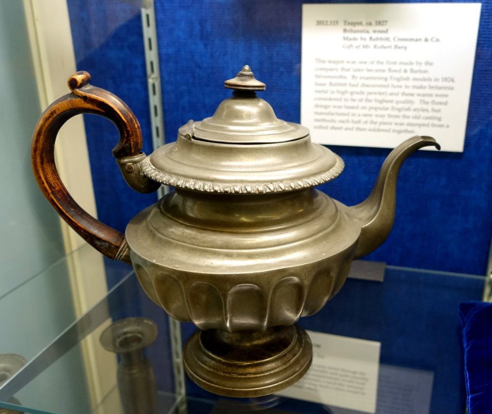 Teapot, Babbitt, Crossman & Company, c. 1827, britannia metal, wood - Old Colony History Museum - Taunton, Massachusetts - DSC04001