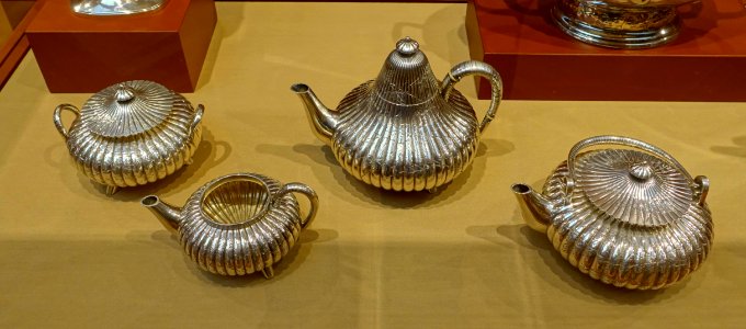 Teapot, creamer, covered sugar bowl, and small hot water kettle, William Durgin, Concord NH, c. 1870, silver - Currier Museum of Art - Manchester, NH - DSC08019