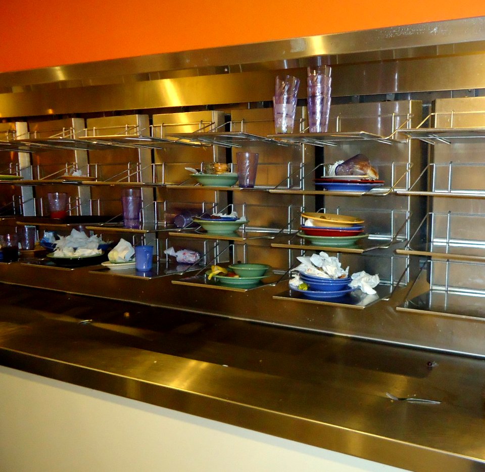 TCNJ dining hall conveyor pathway to slurry used dishes to dishwashing machines