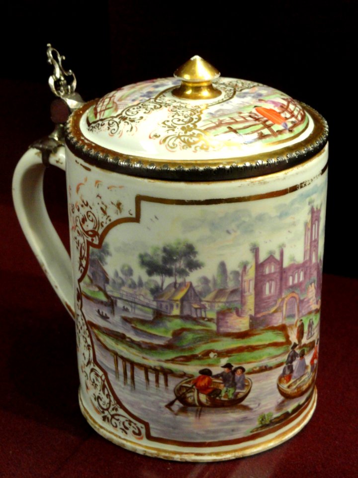 Tankard, c. 1735-1744, Du Paquier factory, hard-paste porcelain, overglaze enamels, gilding, white metal mounts - Gardiner Museum, Toronto - DSC00979