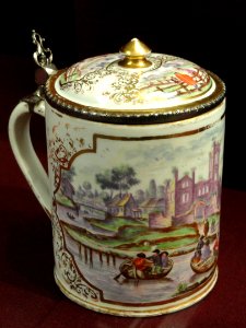 Tankard, c. 1735-1744, Du Paquier factory, hard-paste porcelain, overglaze enamels, gilding, white metal mounts - Gardiner Museum, Toronto - DSC00979