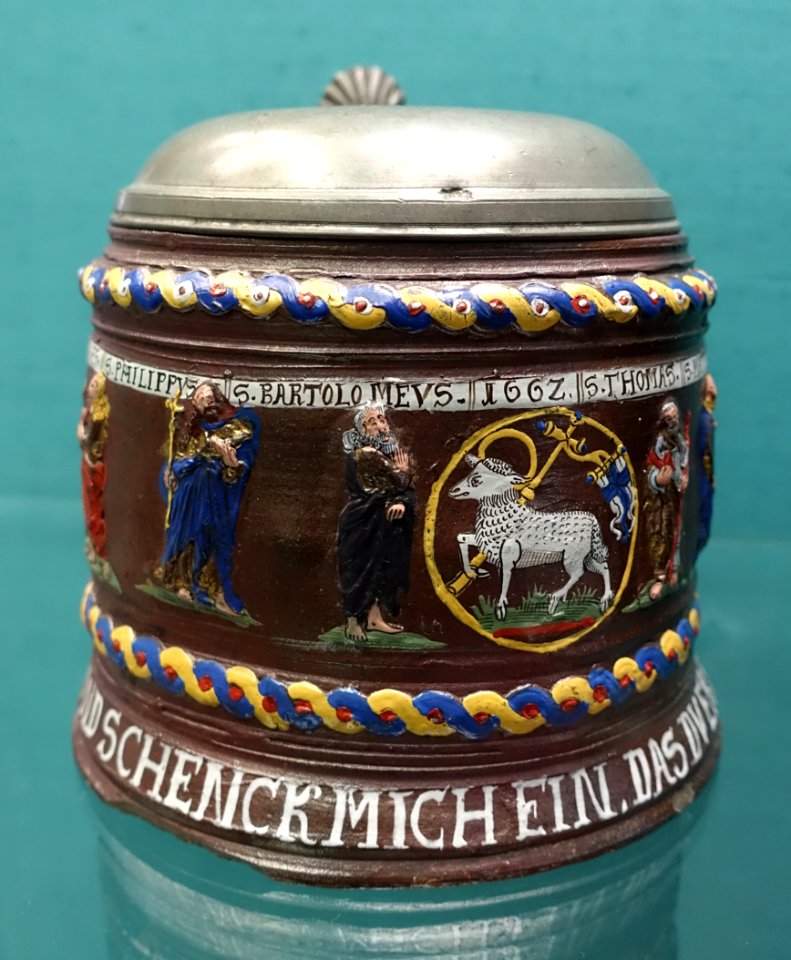 Tankard, Creussen, 1662, stoneware, enamel, pewter - Germanisches Nationalmuseum - Nuremberg, Germany - DSC03197