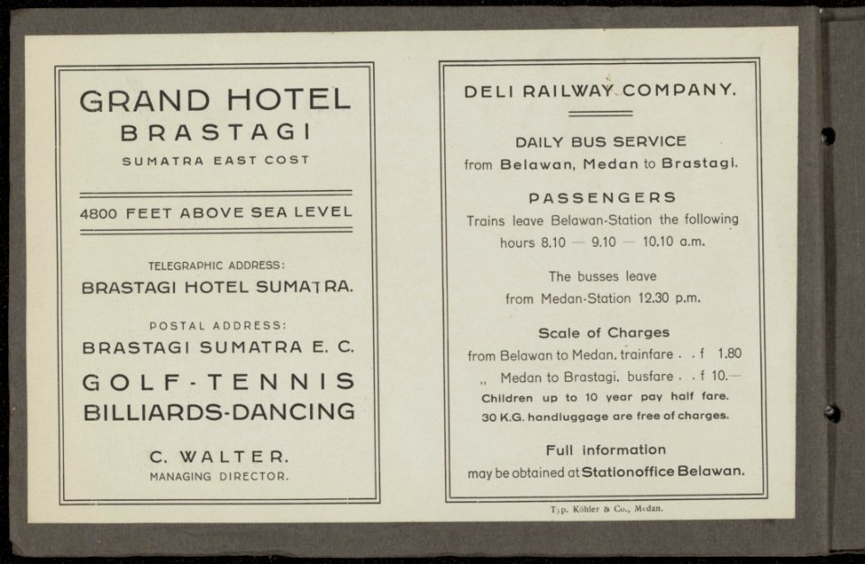 Tekstblad met links reclame voor Hotel Brastagi en rechts reclame voor de Deli R, Bestanddeelnr 806 02