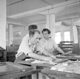 Tel Aviv. Drukkerij waar het dagblad Dawar wordt gedrukt. Handzetters aan het we, Bestanddeelnr 255-0030