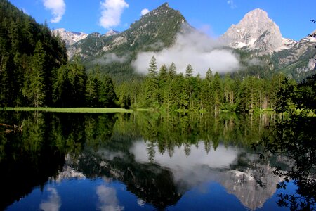 Lake mirroring mountain and water photo