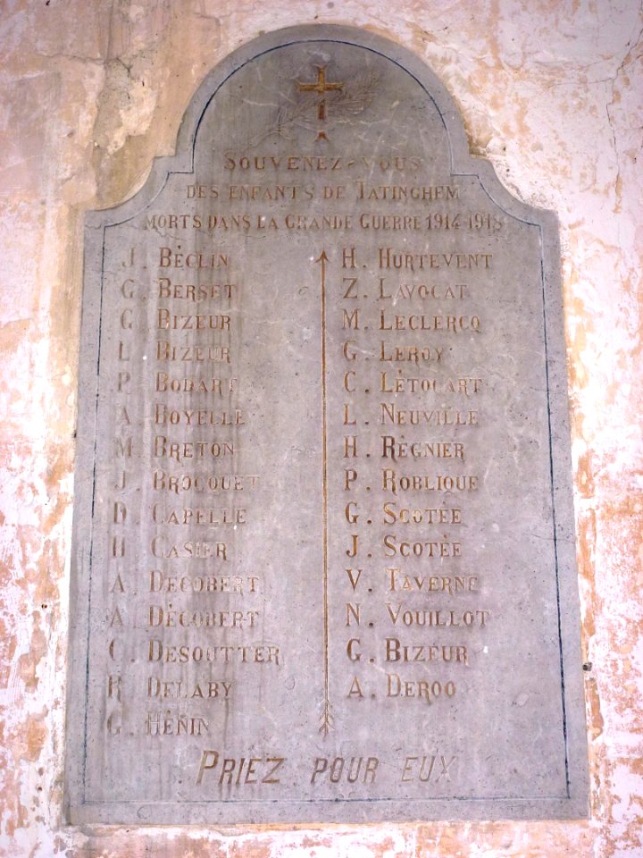 Tatinghem (Pas-de-Calais, Fr) Église Saint-Jacques plaque guerre 1914-18