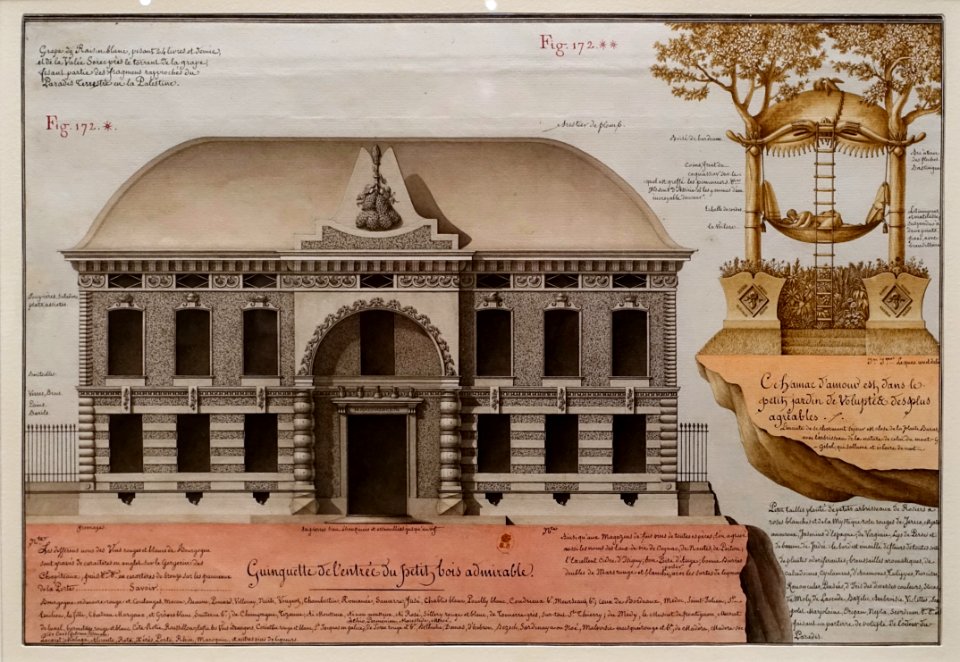 Tavern and Hammock of Love, from Civil Architecture, by Jean-Jacques Lequeu, c. 1810, pen and black ink, gray and brown wash, watercolor - Morgan Library & Museum - New York City - DSC06780