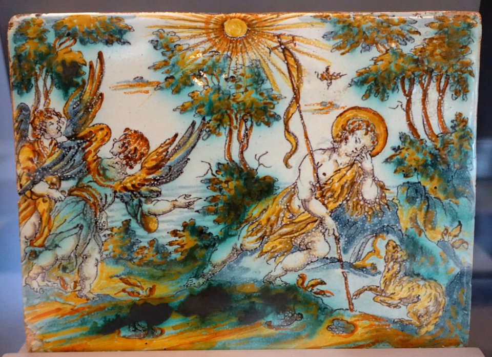 Talavera tile with the Dream of St. John, ceramic - Museo Nacional de Artes Decorativas - Madrid, Spain - DSC08123