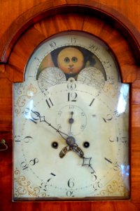 Tall case clock, movement by Reuben King (1777-1853), case by Fitch Skinner (1777-1844), Lansingburg NY, c. 1800, cherry with mahogany veneer, view 2 - Bennington Museum - Bennington, VT - DSC08789