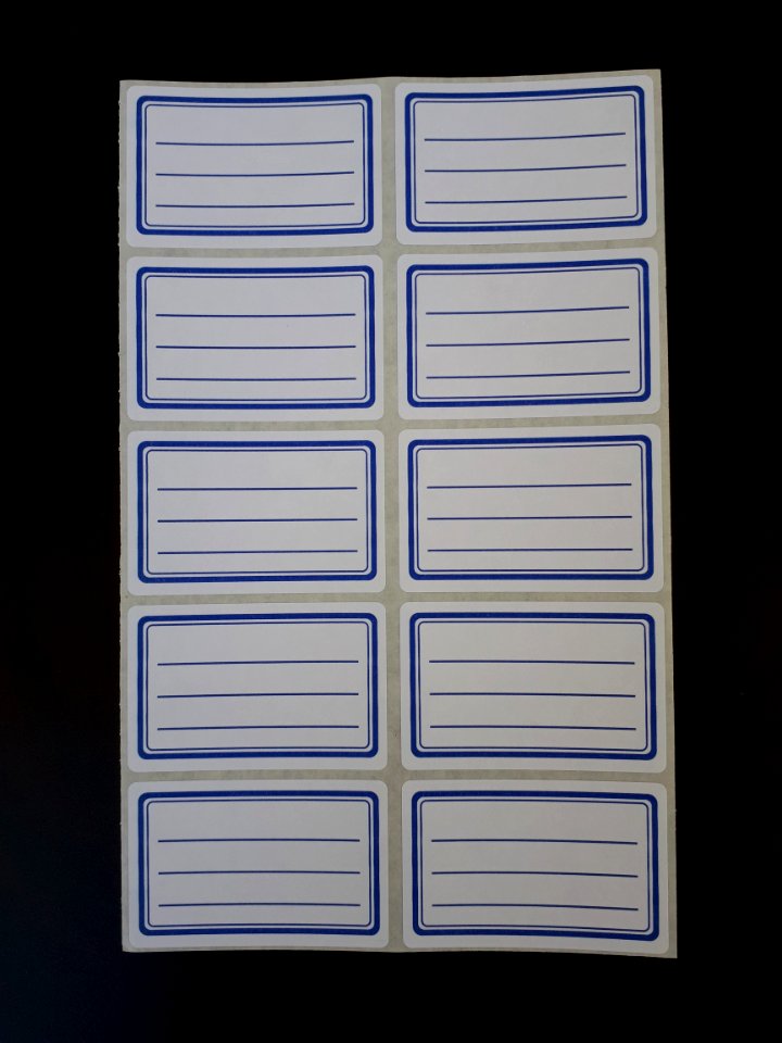 Ten sticky labels with blue frames