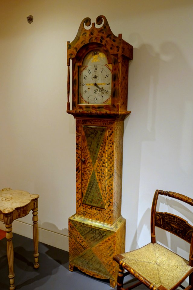 Tall case clock, by Riley Whiting, Winchester, Connecticut, 1833, basswood, paint, metal, other woods - Peabody Essex Museum - DSC07588