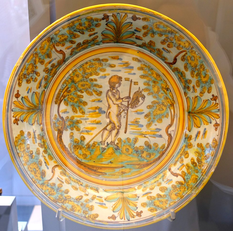 Talavera plate with boy riding hobby horse, ceramic - Museo Nacional de Artes Decorativas - Madrid, Spain - DSC08120