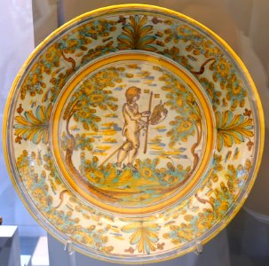 Talavera plate with boy riding hobby horse, ceramic - Museo Nacional de Artes Decorativas - Madrid, Spain - DSC08120