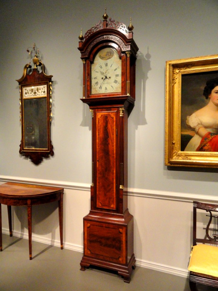 Tall Clock, movement by Simon Willard, Roxbury (Boston), Massachusetts, 1790-1800, mahogany with mahogany veneer and light wood inlay, brass, steel, iron, paint - National Gallery of Art, Washington - DSC08789