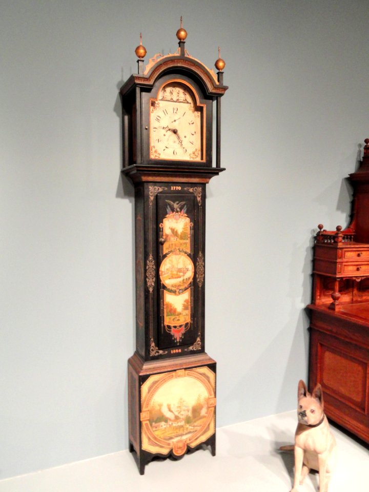 Tall-Case Clock, case 1820, with movement by Silas Hoadley, decoration 1884 by Uriah Dyer, Warren, Maine, pine, gilt copper alloy, iron, painted decoration - Art Institute of Chicago - DSC09942