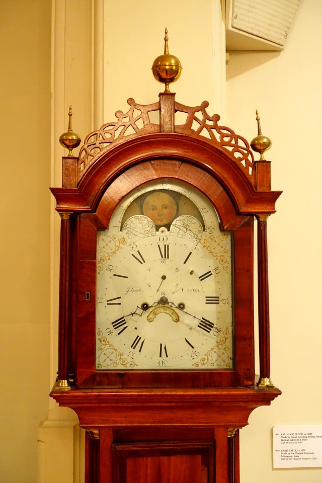 Tall-case clock, Josiah Gooding, Bristol RI, c. 1800, walnut, satinwood, brass, view 2 - Old Colony History Museum - Taunton, Massachusetts - DSC03723