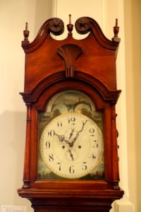 Tall-case clock with Shakespeare scenes, Chester County PA, similar to clocks made by Isaac Thomas, 1770-1785, view 2 - Old Colony History Museum - Taunton, Massachusetts - DSC03732
