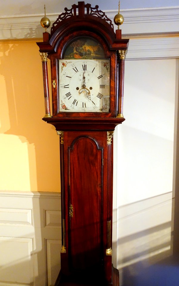 Tall case clock, Boston, 1785-1795, mahogany, mahogany veneer, holly, white pine, brass, painted iron - Concord Museum - Concord, MA - DSC05649