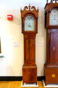 Tall case clock, movement by Reuben King (1777-1853), case by Fitch Skinner (1777-1844), Lansingburg NY, c. 1800, cherry with mahogany veneer, view 1 - Bennington Museum - Bennington, VT - DSC08788
