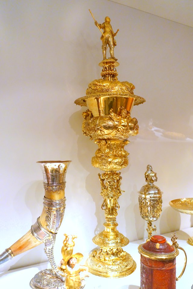 Tall covered goblet, by Hans Ludwig Kienle, Ulm, Germany, 1626, with figure of King Gustav II Adolf probably added in early 19th century, silver gilt - Nordiska museet - Stockholm, Sweden - DSC09776