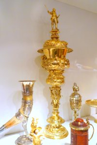 Tall covered goblet, by Hans Ludwig Kienle, Ulm, Germany, 1626, with figure of King Gustav II Adolf probably added in early 19th century, silver gilt - Nordiska museet - Stockholm, Sweden - DSC09776