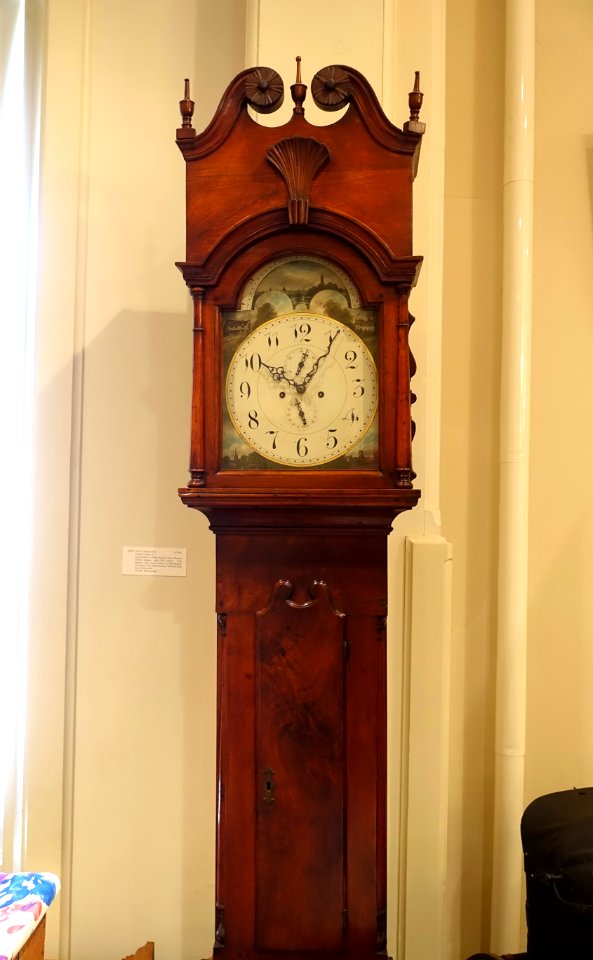 Tall-case clock with Shakespeare scenes, Chester County PA, similar to clocks made by Isaac Thomas, 1770-1785, view 1 - Old Colony History Museum - Taunton, Massachusetts - DSC03730