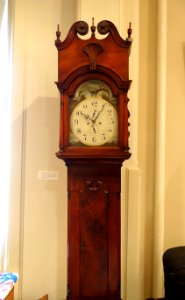 Tall-case clock with Shakespeare scenes, Chester County PA, similar to clocks made by Isaac Thomas, 1770-1785, view 1 - Old Colony History Museum - Taunton, Massachusetts - DSC03730