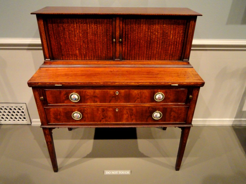 Tambour Desk, attributed to John and Thomas Seymour, Boston, 1793-1798, mahogany with mahogany, satinwood, and maple veneers, brass, ivory, paper, enamel on copper - National Gallery of Art, Washington - DSC08774