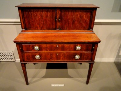 Tambour Desk, attributed to John and Thomas Seymour, Boston, 1793-1798, mahogany with mahogany, satinwood, and maple veneers, brass, ivory, paper, enamel on copper - National Gallery of Art, Washington - DSC08774