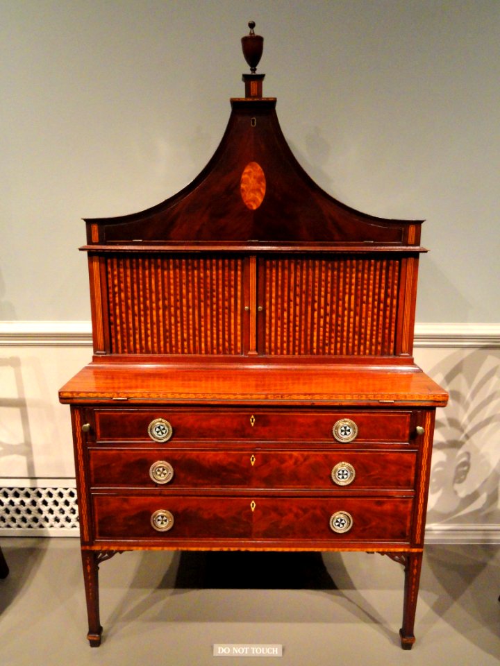 Tambour Desk, made by John and Thomas Seymour, Boston, 1790-1796, mahogany with mahogany, satinwood, and curly maple veneers, brass, ivory, paper, enamel on copper - National Gallery of Art, Washington - DSC08782