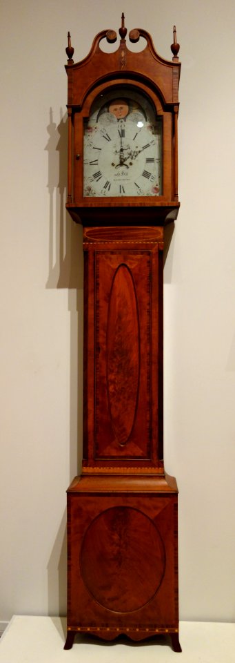 Tall Case Clock, Samuel Hill, c. 1800, cherry wood with satinwood inlay and mahogany veneer - Huntington Museum of Art - DSC05082