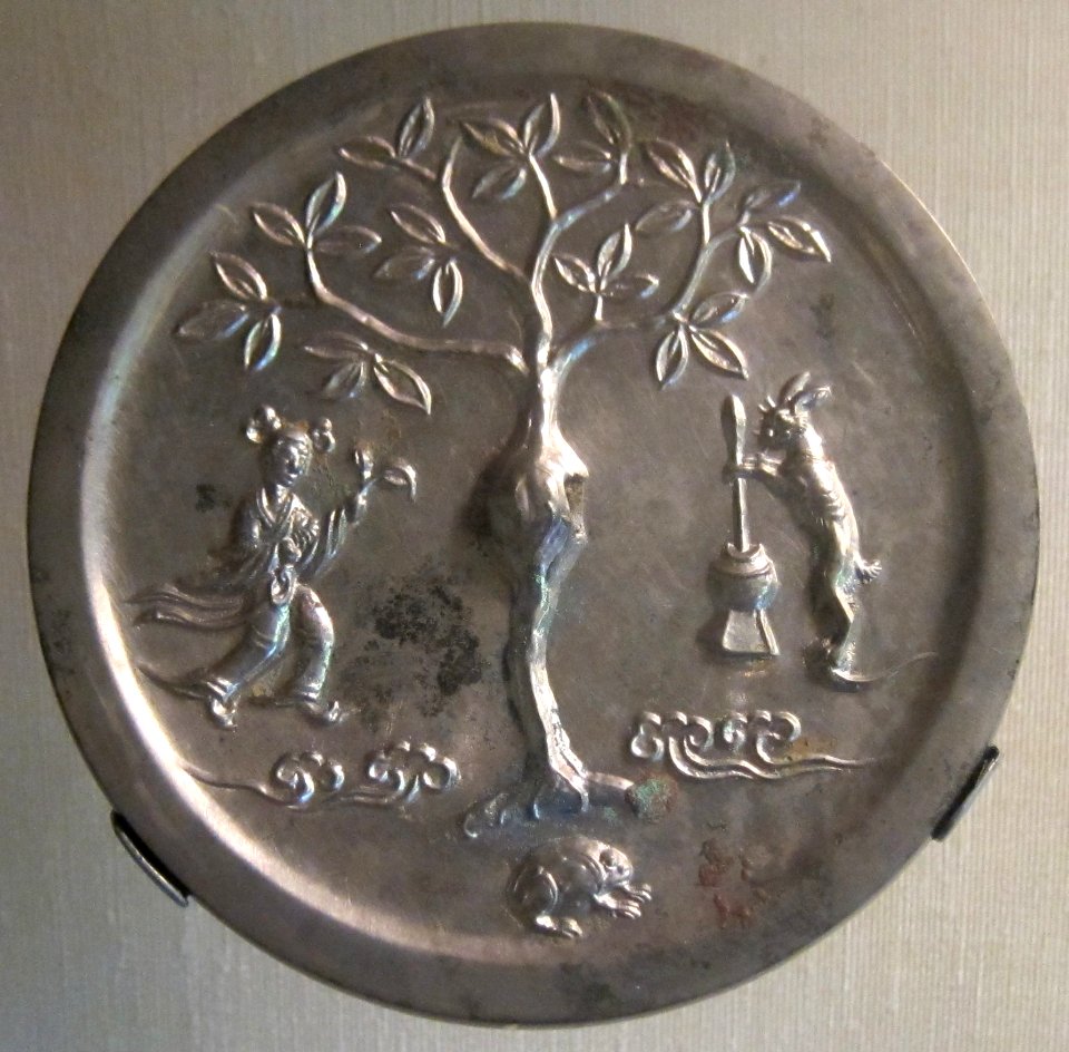 Tang dynasty bronze mirror with moon goddess and rabbit design, HAA