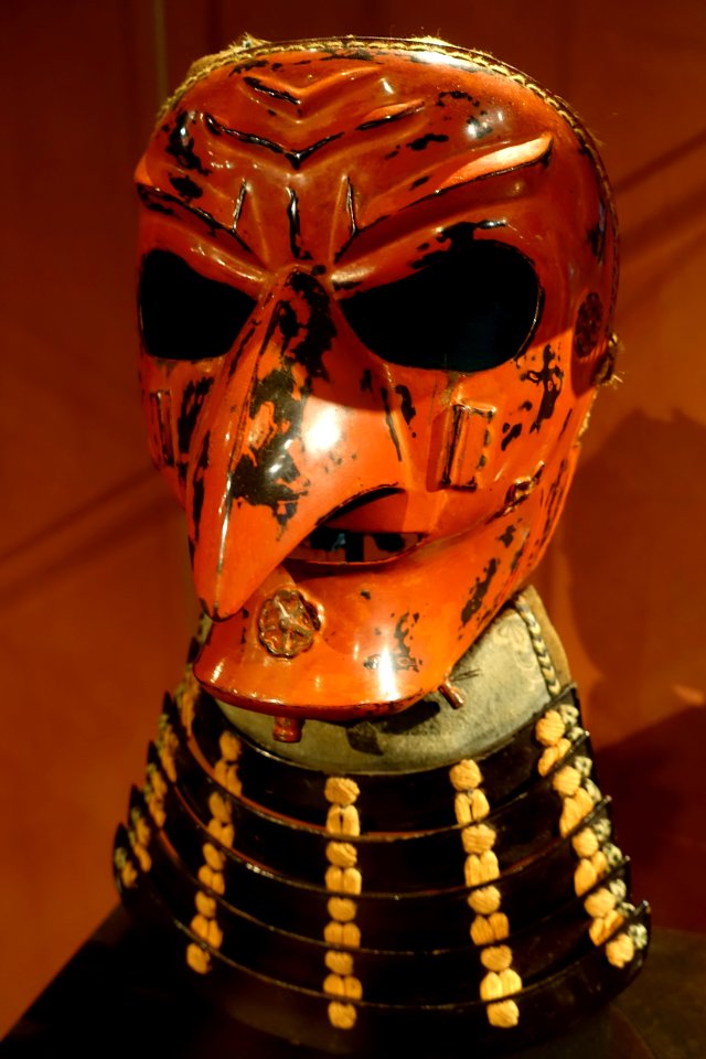 Tengu somen (full-face mask), Japan, Edo period, mid 1800s AD, iron, lacquer, leather, hemp, brocade - The Ann and Gabriel Barbier-Mueller Museum - DSC05584
