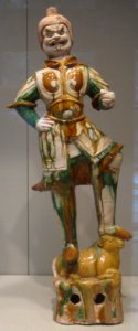 Tang dynasty tomb sculpture of guardian warrior, late 7th-early 8th century, earthenware with sancai glaze, Honolulu Academy of Arts