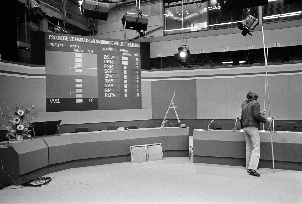 Televisie-studio-I in Hilversum wordt gereed gemaakt voor uitzending ivm verk, Bestanddeelnr 926-0583