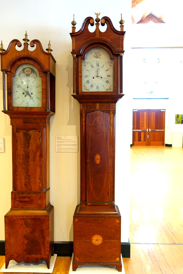 Tall case clock, maker unknown, Bennington VT, c. 1800, cherry and white pine with light and dark wood inlays, view 1 - Bennington Museum - Bennington, VT - DSC08793