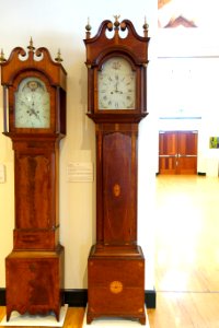 Tall case clock, maker unknown, Bennington VT, c. 1800, cherry and white pine with light and dark wood inlays, view 1 - Bennington Museum - Bennington, VT - DSC08793