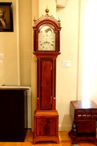 Tall-case clock, Josiah Gooding, Bristol RI, c. 1800, walnut, satinwood, brass, view 1 - Old Colony History Museum - Taunton, Massachusetts - DSC03722