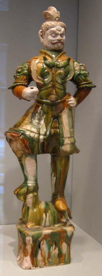 Tang dynasty tomb sculpture of guardian warrior, late 7th-early 8th century, earthenware with sancai glaze, HAA
